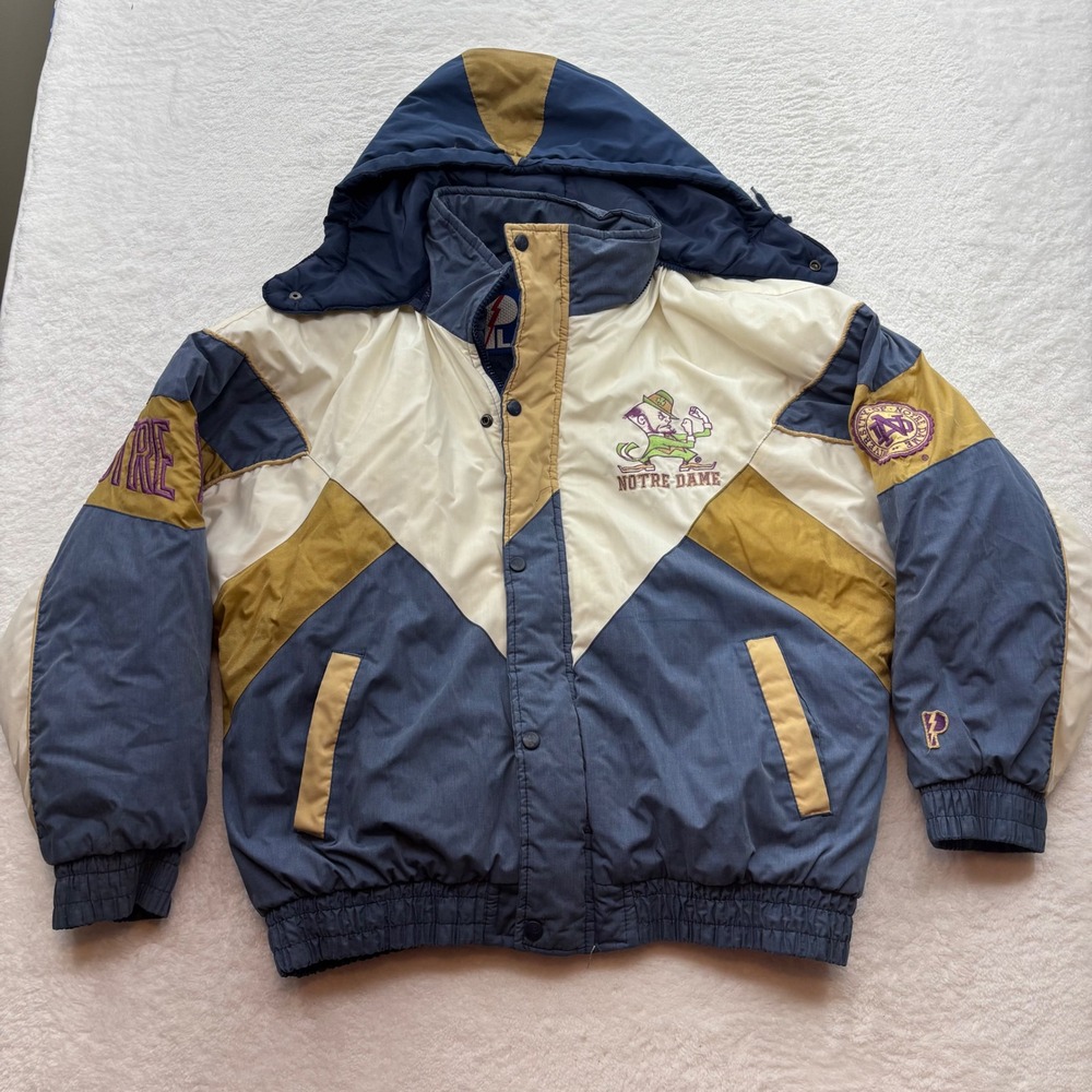 Vintage Pro Player Notre Dame Fighting Irish Puffer Jacket Blue Gold Mens Large